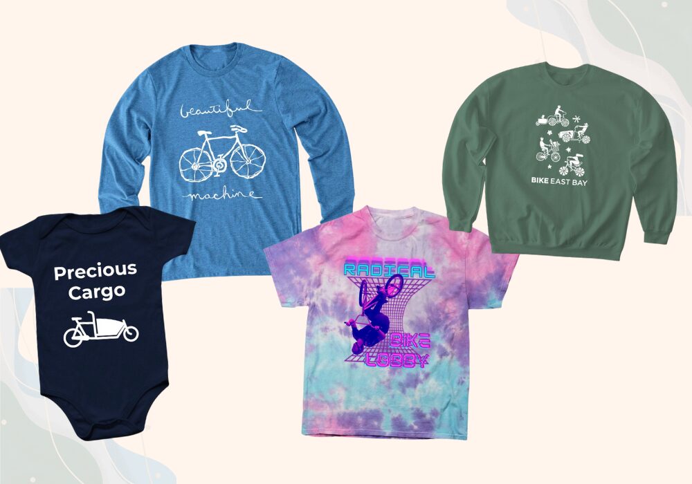 Bike East Bay merchandise: a onesie, long-sleeve shirt, tie-dye, and sweater with various bike logos and images