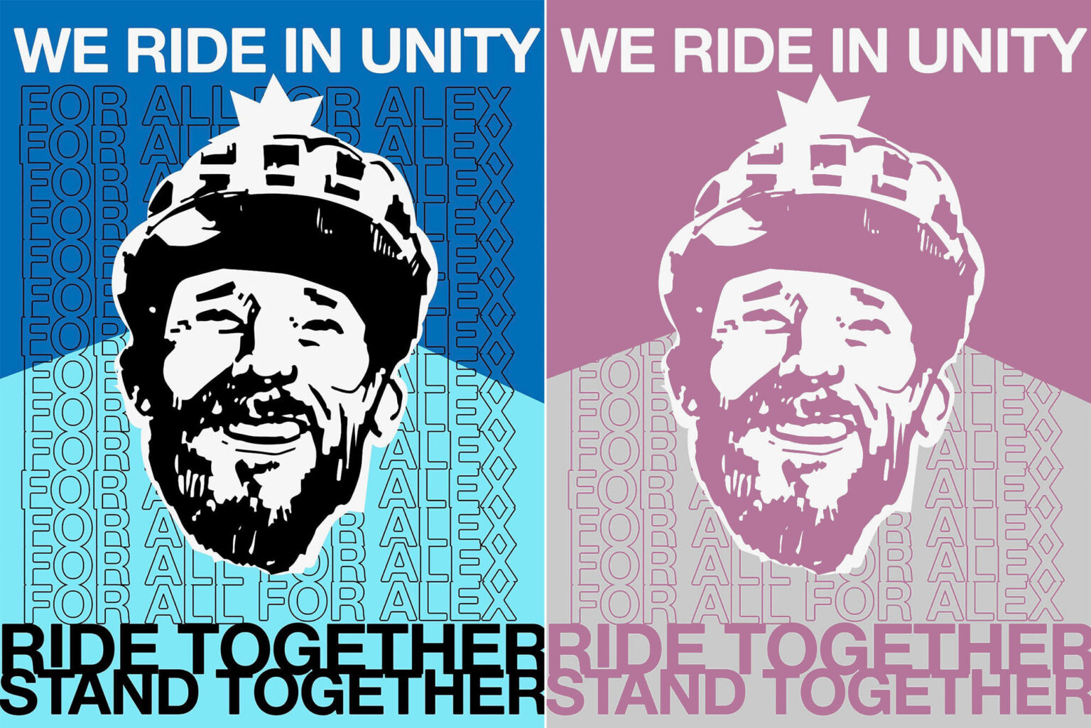 Two versions of a graphic poster titled "WE RIDE IN UNITY." The left version is in bold blue and black, and the right is in muted purple and grey. Both feature a stylized portrait of a bearded man under the repeated text "FOR ALL FOR ALEX" and the slogan "RIDE TOGETHER STAND TOGETHER."