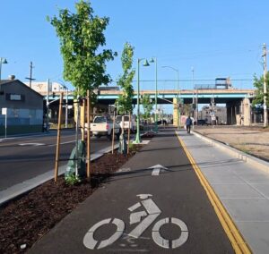 photo of landscaped, sidewalk level protected bikeway on Fruitvale Ave in Oakland
