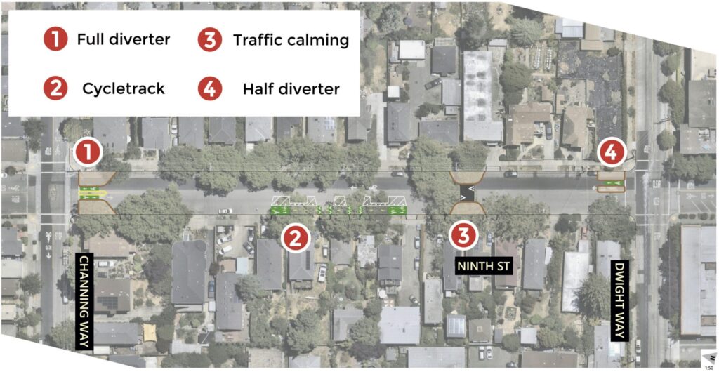 Top down map of a block of Ninth St in Berkeley with numbered circles identifying the locations of the following features: -Full diverter -Traffic calming -Cycletrack -Half diverter