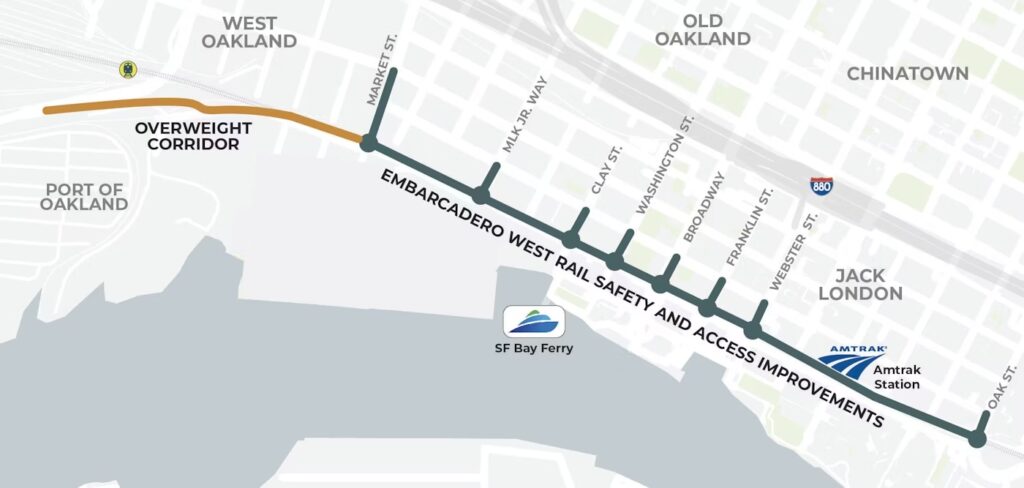 Map of the project area along Embarcadero West in Oakland from the Port to Oak Street on the east side of Jack London Square