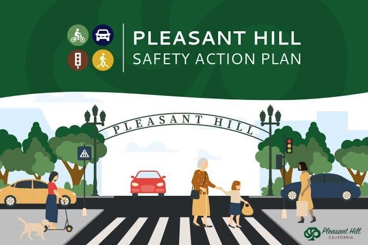 An illustration for the Pleasant Hill Safety Action Plan, depicting a safe, multi-modal street scene. The image is organized as follows: Header: A dark green banner at the top contains the title "PLEASANT HILL SAFETY ACTION PLAN" in white capital letters. To the left of the title are four circular icons representing a bicyclist, a car, a traffic light, and a pedestrian. Central Illustration: A street scene featuring a crosswalk where an older woman and a young child are walking. Other elements include a woman on a scooter with a dog, a person walking on the sidewalk, cars, a traffic light, and a pedestrian crossing sign. Background: An arched sign spanning the street reads "PLEASANT HILL," framed by green trees and street lamps under a light blue sky. Footer: The official City of Pleasant Hill, California logo is located in the bottom right corner.