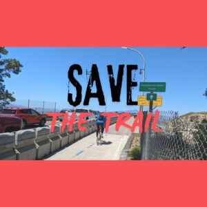 "save the trail" photo of a person riding a bicycle on a wide barrier-separated pathway along the Richmond San Rafael Bridge