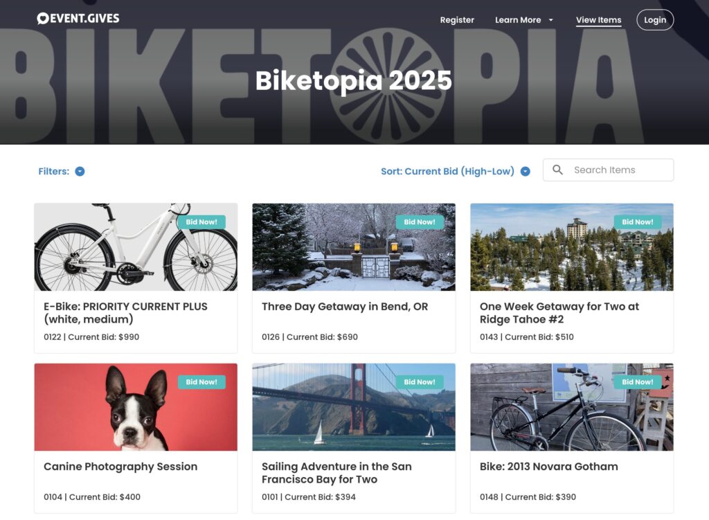 A screenshot of the silent auction items for Biketopia 2025