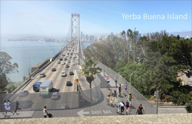 A rendering of Yerba Buena Island with the Bay Bridge in the background, showing a multi-use path on the right foreground with people walking, biking, and skating, and the bridge filled with cars on the left.
