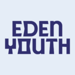The words EDEN and YOUTH are stacked on top of each other. Both words are in a dark blue, stylized, chunky font, and the background is light blue.